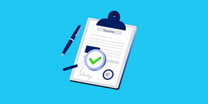 A drawing of a clipboard on a light blue background with a pen and green checkmark