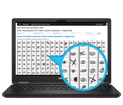 A laptop with ClearCount software, and a magnifying glass that shows a zoomed in view of the screen.