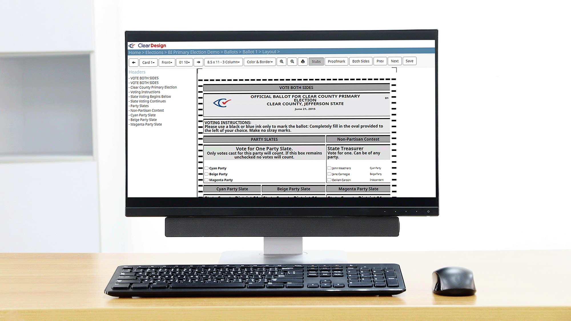 Clear Ballot's ClearDesign software shown on a desktop computer screen. 