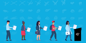 An illustration of five voters in line to cast their paper ballots in front of a blue background.