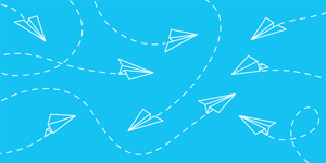 Blue background with line drawings of white paper airplanes soaring around
