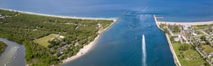 Sky view of the ocean, beach, and trees