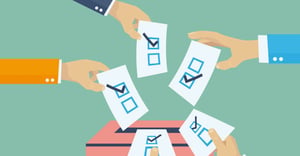 A drawing depicting several hands placing ballots into a red ballot box.