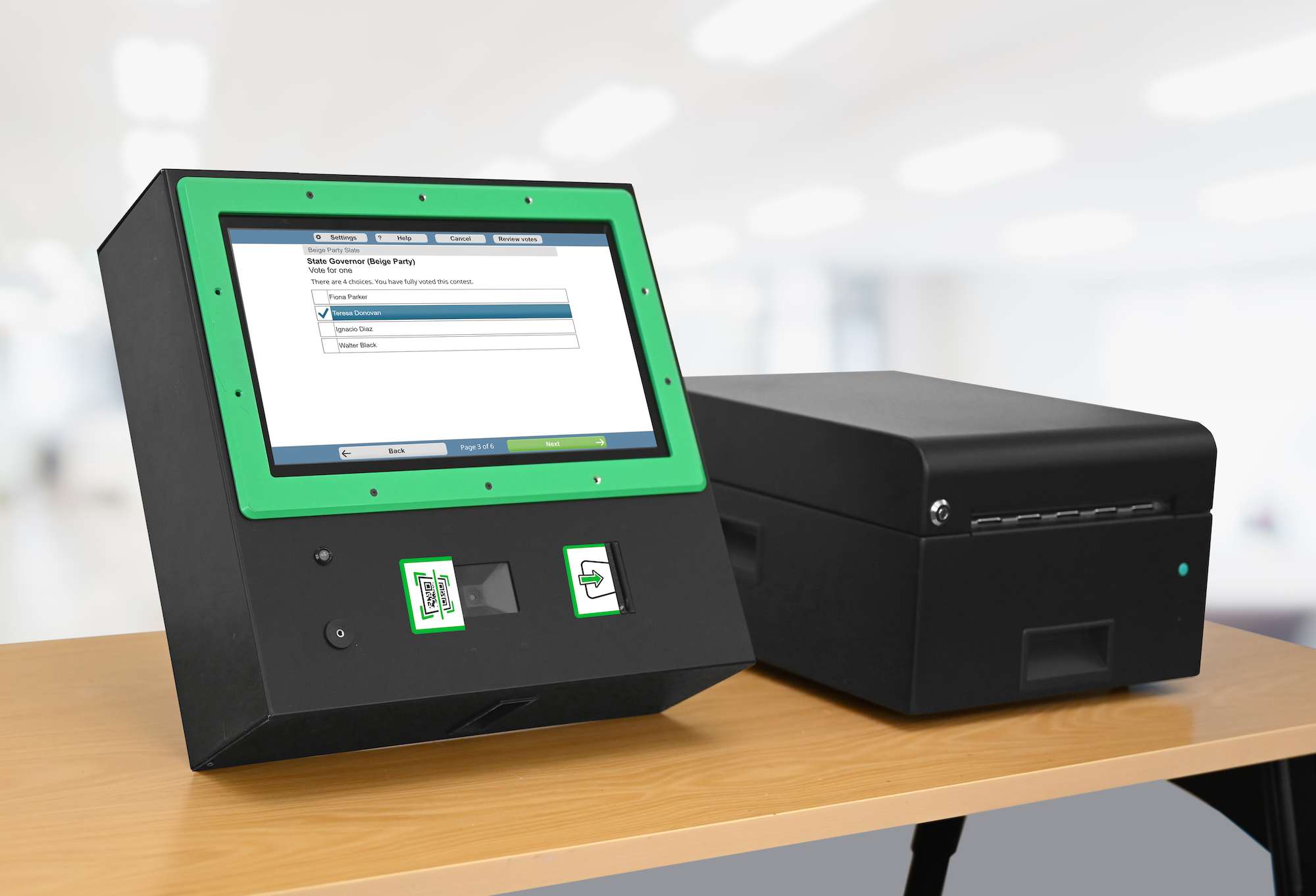 An image that shows ClearMark, Clear Ballot's accessible ballot marking device, to the left of a thermal ballot printer. An image that shows ClearMark, Clear Ballot's accessible ballot marking device, to the left of a thermal ballot printer.